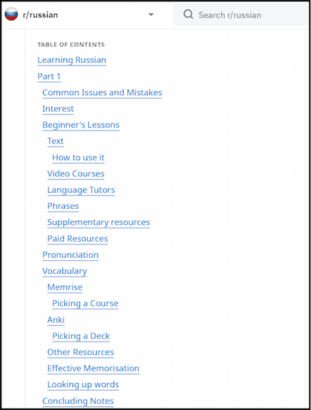 Reddit Learning Russian TOC