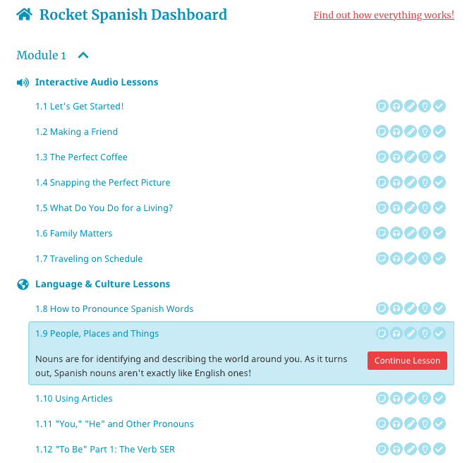 Rocket Spanish Review - Dashboard Screenshot